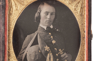 [MEXICAN WAR]. Sixth plate daguerreotype portrait of a uniformed soldier holding a tricorn hat and Bowie knife.