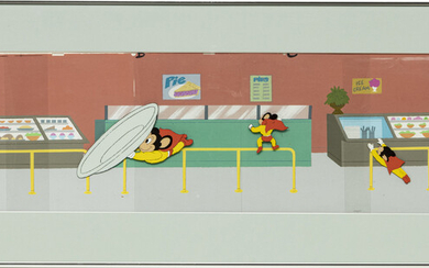 "MIGHTY MOUSE" PRODUCTION ANIMATION CELS WITH HAND PAINTED BACKGROUND, 1979, H 5", W 35"