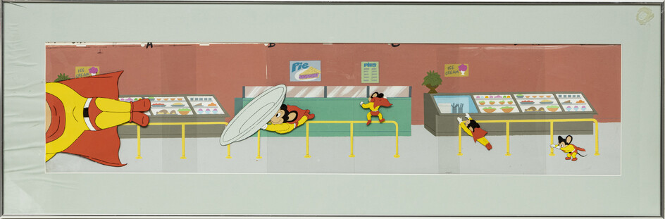 "MIGHTY MOUSE" PRODUCTION ANIMATION CELS WITH HAND PAINTED BACKGROUND, 1979, H 5", W 35"
