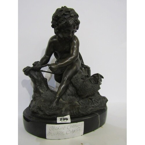 MOREAU, bronze marble base sculpture "The Chicken Chase", si...