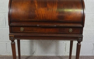 Mahogany Cylinder Bureau, In Louis XVI style, with fitted interior on fluted legs, 77cm wide