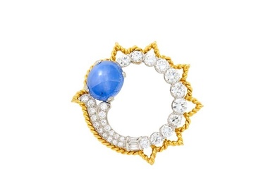 Marcus & Co. Platinum, Star Sapphire and Diamond Brooch with Van Cleef & Arpels Gold Frame