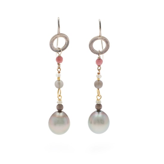 Marianne Dulong: A pair of ear pendants each set with a polished and facetted quarts and a cultured Tahiti pearl, mounted in sterling silver. (2)