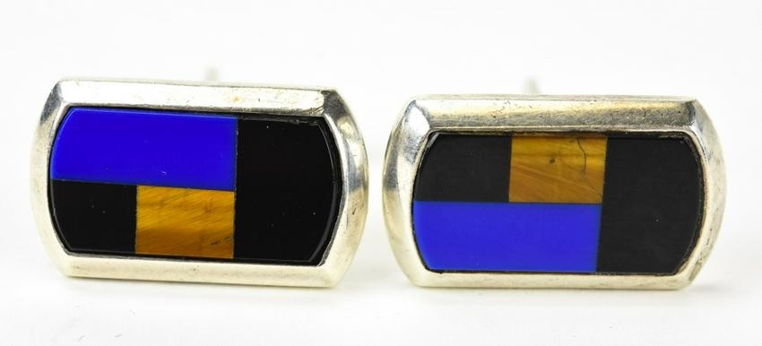 Mexican Sterling Lapis Tigers Eye Onyx Cuff Links