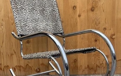 Mid Century Modern Mies Van Der Rohe Style Fasem Bauhaus Chrome Sling Rocker Newly Upholstered in
