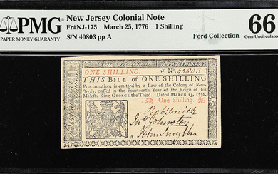NJ-175. New Jersey. March 25, 1776. 1 Shilling. PMG Gem Uncirculated 66 EPQ.