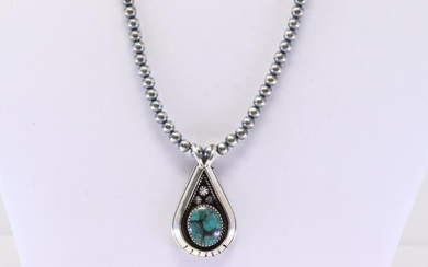 Native America Navajo Handmade Sterling Silver Turquoise Pendant & Pearl Beaded Necklace By Annette