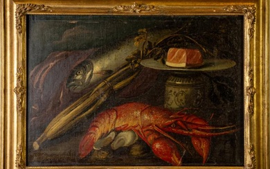 Maestro emiliano del XVIII secolo Natura morta con aragosta, vasellame...