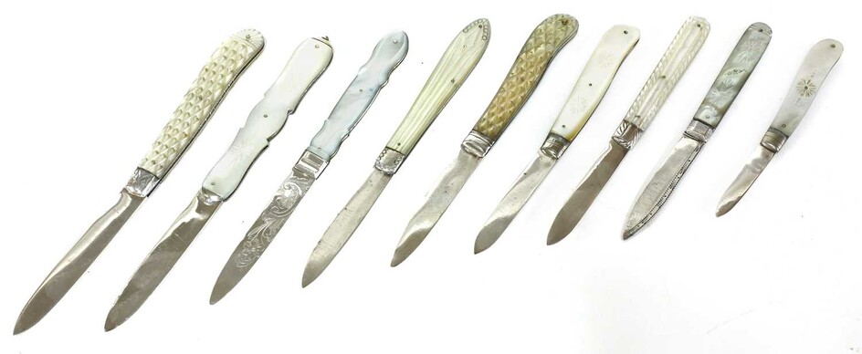 Nine silver and mother-of-pearl folding fruit knives