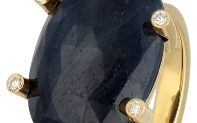 No Reserve - 18K Geelgouden ring bezet met saffier en diamant.