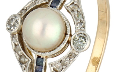 No Reserve - 18K Gold/platinum Art Deco ring set with cultured pearl and diamond.