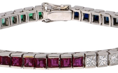 No Reserve - 18k Witgouden armband bezet met diamant, saffier, robijn en smaragd.