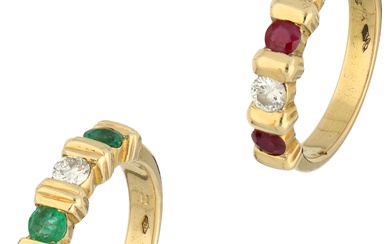 No Reserve - Two 18K yellow gold demi-alliances rings with diamond, ruby or emerald.