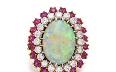 OPAL, DIAMOND AND RUBY RING