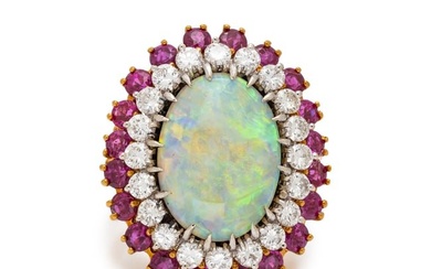 OPAL, DIAMOND AND RUBY RING
