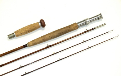 ORVIS 9 1/2' BAKELITE IMPREGNATED BAMBOO SALMON ROD IN BAG AND ALUMINUM TUBE, 3 PART WITH SPARE TIP