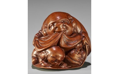 OTOMAN: A MASTERFUL WOOD NETSUKE OF HOTEI WITH TWO CHILDREN