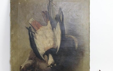 Oil on canvas still life painting fowl & rabbit