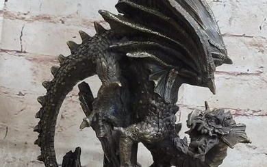 Original Celestial Dragon Guardian Chinese Asian Art Bronze Sculpture - 12" x 8"