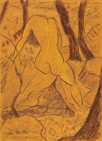 Otto Mueller | Sitzendes Mädchen im Wald (Rückenakt)