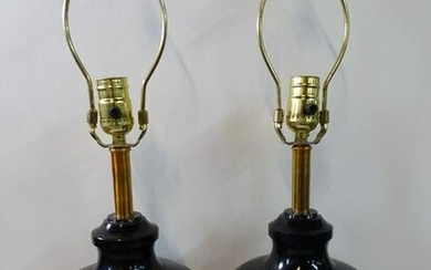 PAIR BRASS AND BLACK PAINTED METAL LAMPS 21 1/2" HIGH