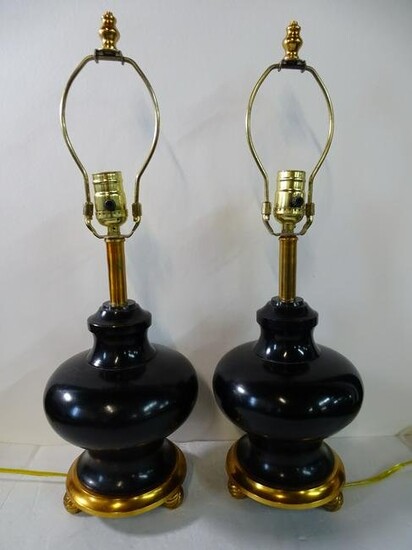 PAIR BRASS AND BLACK PAINTED METAL LAMPS 21 1/2" HIGH