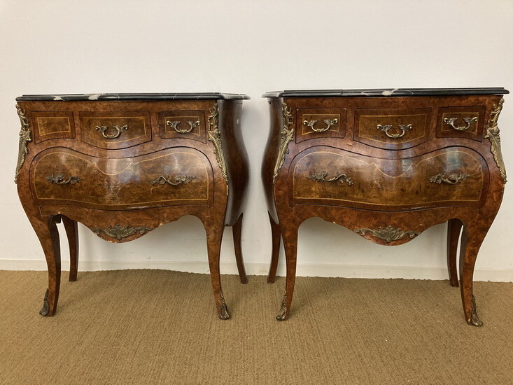 PAIR LOUIS XV STYLE INLAID BURLWOOD SERPENTINE BOMBE COMMODES WITH...