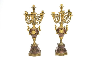 PAIR OF 19TH C. ROUGE MARBLE FRENCH CANDELABRA
