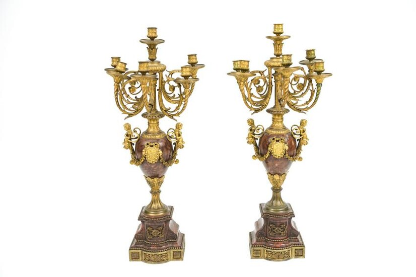 PAIR OF 19TH C. ROUGE MARBLE FRENCH CANDELABRA
