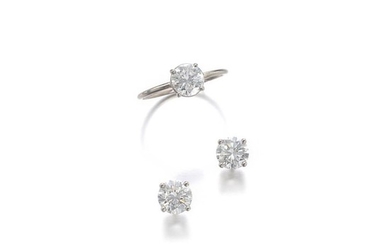 PAIR OF DIAMOND EARRINGS AND A RING