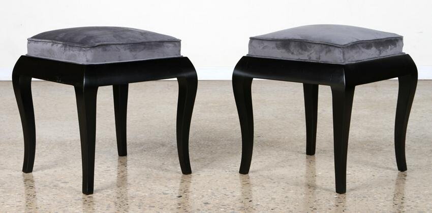 PAIR OF EBONZIED STOOLS WITH RAISED CUSHIONS
