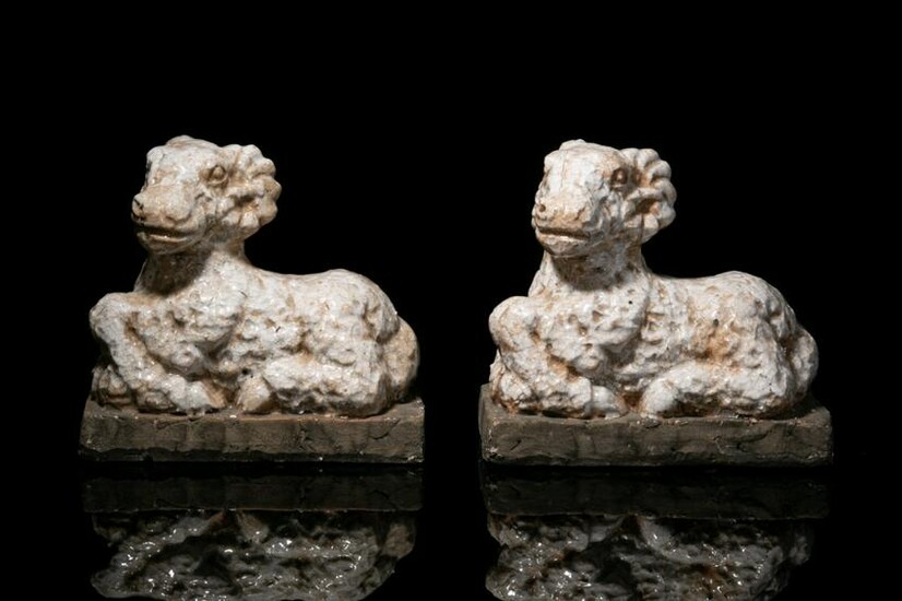 PAIR OF GLAZED POTTERY RAM SCULPTURES