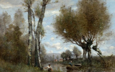 PAUL DÉSIRÉ TROUILLEBERT(1829 Paris 1900)Le faucheur et un rameur sur la rivière. Huile sur toile....