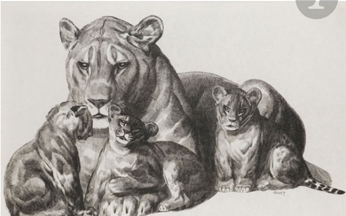 PAUL JOUVE (1878-1973) Lionne et ses lionceaux, la conception de l’œuvre vers [1929], épreuve numérotée...