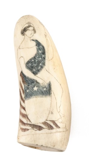 POLYCHROME SCRIMSHAW WHALE'S TOOTH Depicts Lady Liberty seated on a plinth holding an American shield in her right hand and a staff...