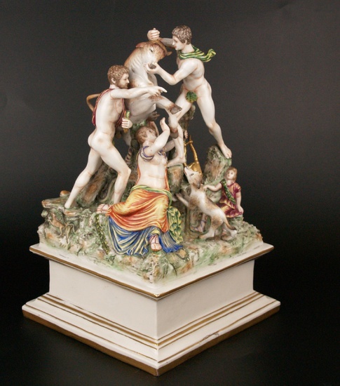 PORCELAIN SCULPTURE "The Farnese Bull", polychrome staffage in the style of Capodimonte.