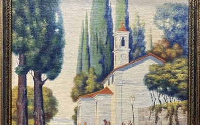 Painting of town scene, A. Anderie, 1931