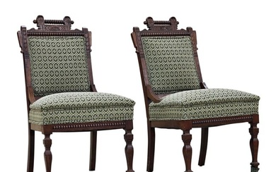 Pair Antique Victorian Eastlake Style Upholstered Parlor Accent chairs