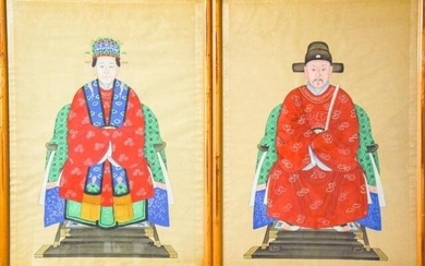 Pair Bamboo Framed Chinese Ancestor Portraits