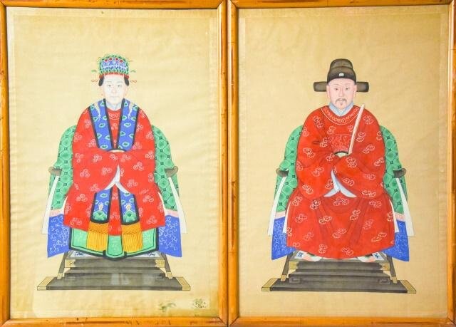 Pair Bamboo Framed Chinese Ancestor Portraits