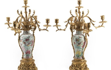 Pair French, Chinese Export Porcelain Candelabra