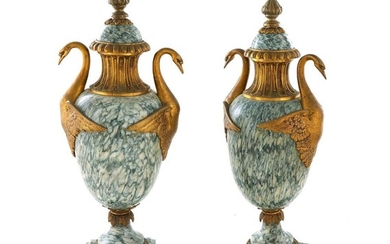Pair French Empire Style Gilt-Metal Mounted Marble Urns