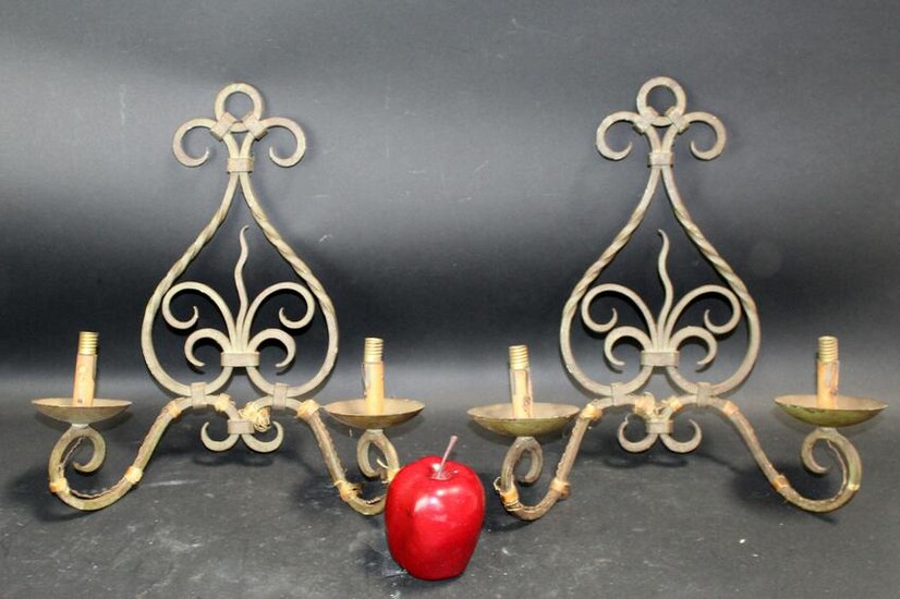 Pair French scrolled verdigris iron wall sconces