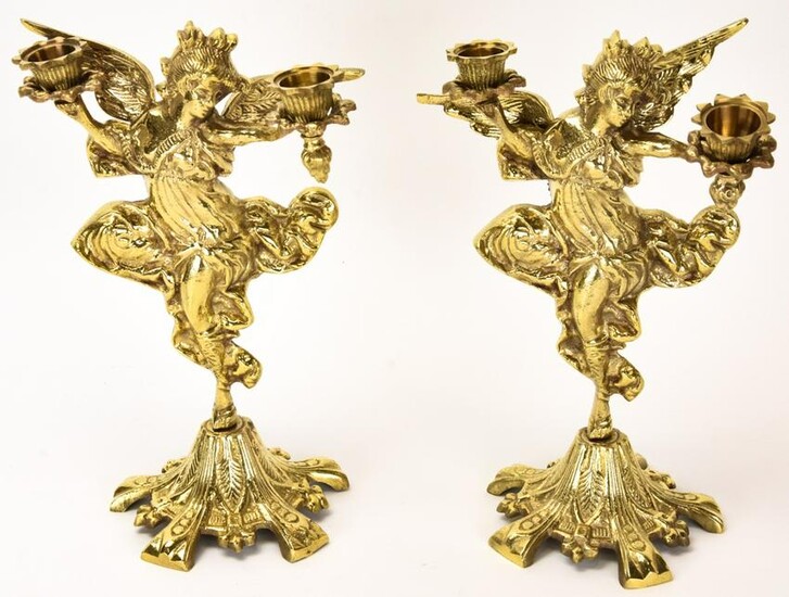 Pair Gilded Brass Fairy Motif Candlesticks