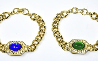 Pair Gilt Curb Chain W Cabochon Bracelets