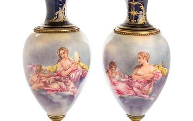 Pair Of 24" Gilt Bronze Mounted Sevres Style Porcelain