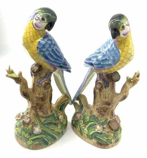 Pair Vntg Trademarked Hand Painted Parrot Figurals