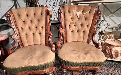 Pair of 1860s Victorian Carved Walnut Upholstered Side Chairs