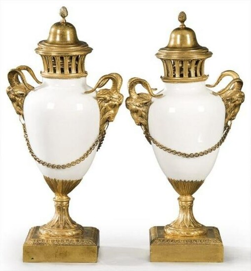 Pair of 19th C. Louis XVI Gilt Bronze & Porcelain Ram