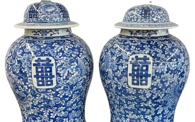 Pair of 19th Century Blue and White Lidded Temple Jars/Urns